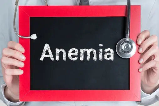 A person holds a small chalkboard with the word "Anemia" written on it, and a stethoscope draped on the side of the board, symbolizing the importance of finding an anemia cure.