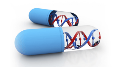Two blue capsules, one opened to reveal a DNA double helix model inside, isolated on a white background, explained beautifully through the lens of pharmacogenomics.