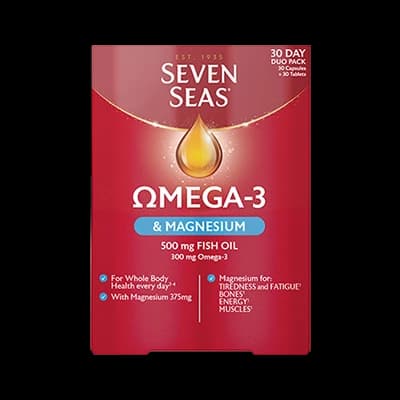 Seven Seas Omega-3 & Magnesium packaging which is available to order online from NowPatient with next day delivery