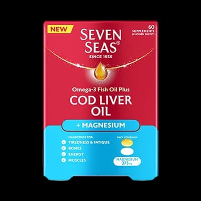 Seven Seas Omega-3 Fish Oil plus Cod Liver Oil + Magnesium packaging which is available to order online from NowPatient with next day delivery