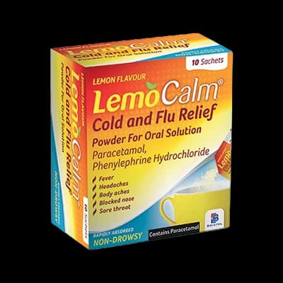 LemoCalm Cold and Flu Relief Powder for Oral Solution packaging which is available to order online from NowPatient with next day delivery