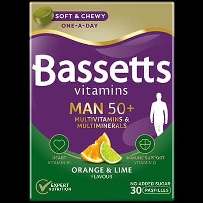 Bassetts Vitamins Man 50+ Multivitamins & Multiminerals Orange & Lime packaging which is available to order online from NowPatient with next day delivery