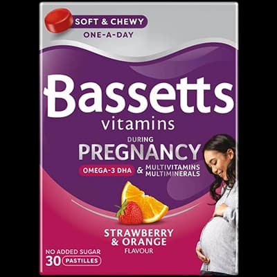 Bassetts Vitamins Pregnancy Omega-3 DHA, Multivitamins & Multiminerals Strawberry & Orange packaging which is available to order online from NowPatient with next day delivery