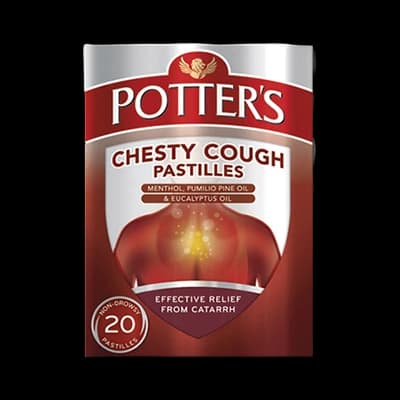 Potter’s Chesty Cough Pastilles packaging which is available to order online from NowPatient with next day delivery