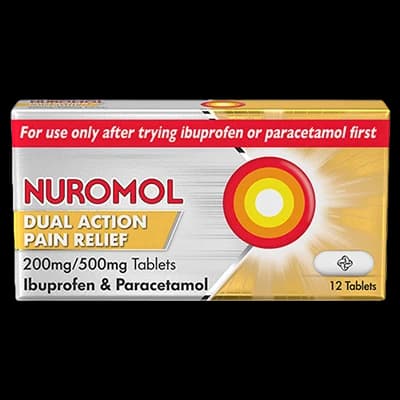 Nuromol Dual Action Pain Relief 200mg/500mg Tablets packaging which is available to order online from NowPatient with next day delivery