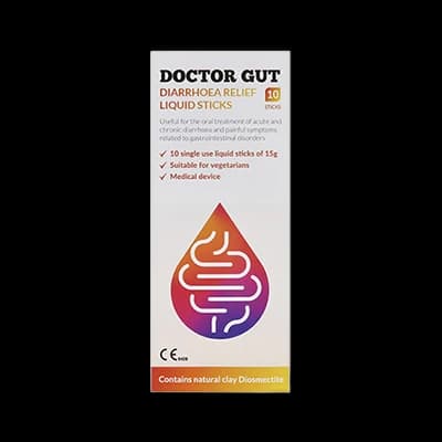 Doctor Gut Diarrhoea Relief Liquid Sticks packaging which is available to order online from NowPatient with next day delivery