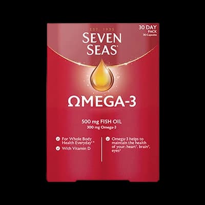 Seven Seas Omega-3 packaging which is available to order online from NowPatient with next day delivery
