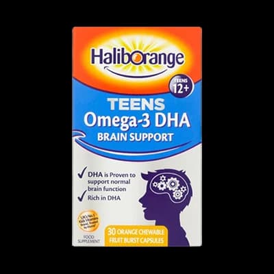 Haliborange Teens Omega-3 DHA Brain Support Fruit Bursts packaging which is available to order online from NowPatient with next day delivery