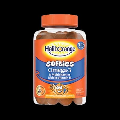 Haliborange Omega-3 & Multivitamins Orange Softies packaging which is available to order online from NowPatient with next day delivery