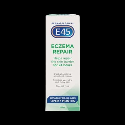 E45 Eczema Repair Cream 200ml packaging which is available to order online from NowPatient with next day delivery