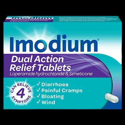 Imodium Dual Action Relief Tablets packaging which is available to order online from NowPatient with next day delivery