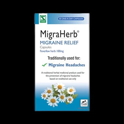MigraHerb Migraine Relief Capsules packaging which is available to order online from NowPatient with next day delivery