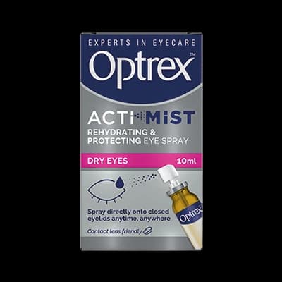 Optrex ActiMist Rehydrating & Protecting Eye Spray Dry Eyes packaging which is available to order online from NowPatient with next day delivery