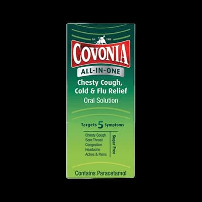 Covonia All-in-One Chesty Cough, Cold & Flu Relief Oral Solution packaging which is available to order online from NowPatient with next day delivery