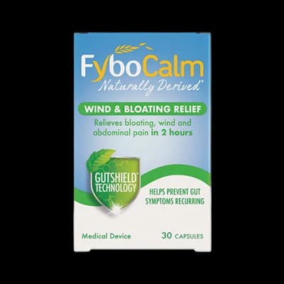Fybocalm Wind & Bloating Relief packaging which is available to order online from NowPatient with next day delivery