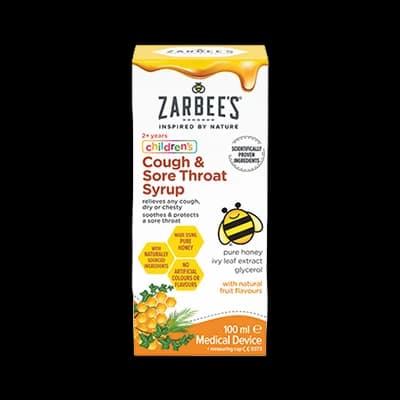 Zarbee’s Children’s Cough & Sore Throat Syrup packaging which is available to order online from NowPatient with next day delivery