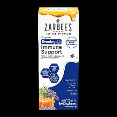 Zarbee’s Adult Evening Immune Support Liquid packaging which is available to order online from NowPatient with next day delivery