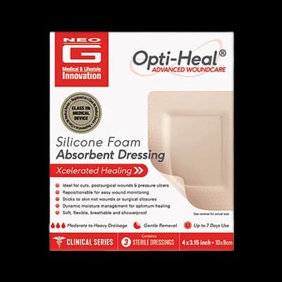 Opti-Heal Silicone Foam Absorbent Dressing packaging which is available to order online from NowPatient with next day delivery