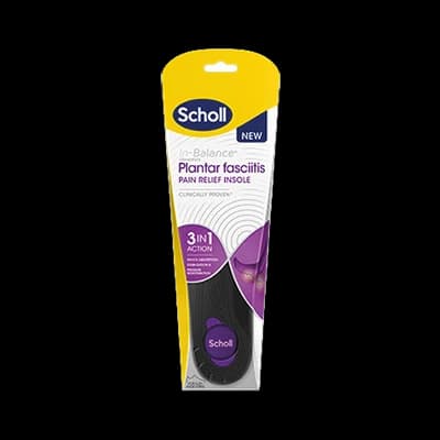 Scholl Plantar Fasciitis Pain Relief Insole packaging which is available to order online from NowPatient with next day delivery