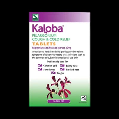 Kaloba Pelargonium Cough & Cold Relief Tablets packaging which is available to order online from NowPatient with next day delivery