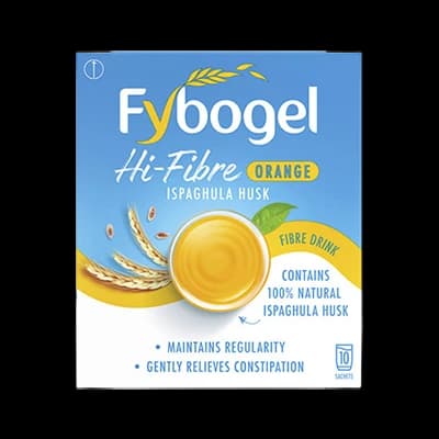 Fybogel Hi-Fibre Orange packaging which is available to order online from NowPatient with next day delivery