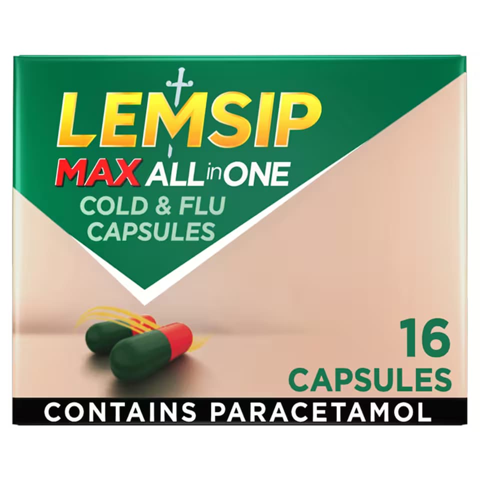 Lemsip Max All In One Cold & Flu Capsules packaging which is available to order online from NowPatient with next day delivery