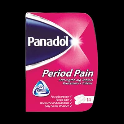 Panadol Period Pain 500mg/65mg Tablets packaging which is available to order online from NowPatient with next day delivery