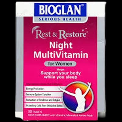 Bioglan Rest & Restore Night Multivitamin for Women packaging which is available to order online from NowPatient with next day delivery