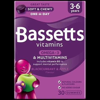 Bassetts Vitamins 3-6 Years Multivitamins & Omega-3 Blackcurrant & Apple packaging which is available to order online from NowPatient with next day delivery