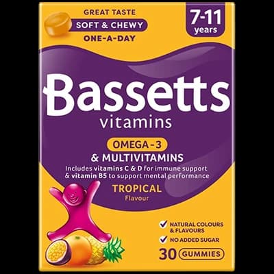 Bassetts Vitamins 7-11 Years Multivitamins & Omega-3 Tropical packaging which is available to order online from NowPatient with next day delivery