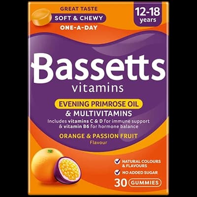 Bassetts Vitamins 12-18 Years Evening Primrose Oil & Multivitamins Orange & Passion Fruit packaging which is available to order online from NowPatient with next day delivery