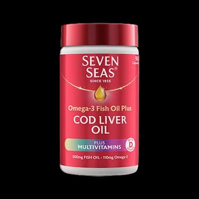 Seven Seas Omega-3 Fish Oil plus Cod Liver Oil plus Multivitamins packaging which is available to order online from NowPatient with next day delivery