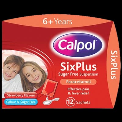 Calpol Six Plus Sugar-Free Suspension Sachets packaging which is available to order online from NowPatient with next day delivery