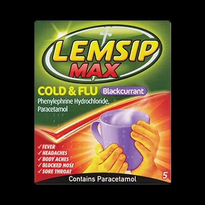 Lemsip Max Cold & Flu Blackcurrant packaging which is available to order online from NowPatient with next day delivery