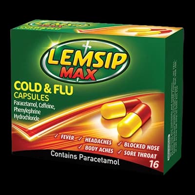 Lemsip Max Cold & Flu Capsules packaging which is available to order online from NowPatient with next day delivery