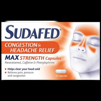 Sudafed Congestion & Headache Relief Max Strength Capsules packaging which is available to order online from NowPatient with next day delivery