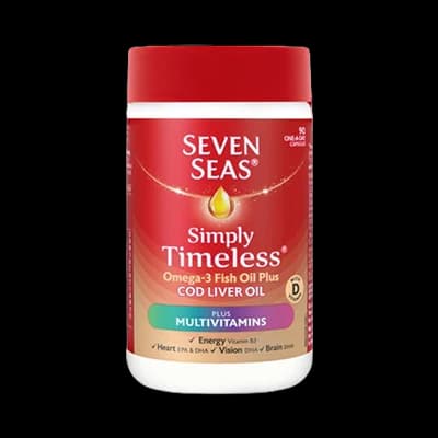 Seven Seas Simply Timeless Omega-3 Fish Oil plus Cod Liver Oil plus Multivitamins packaging which is available to order online from NowPatient with next day delivery