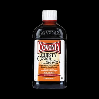 Covonia Chesty Cough Mixture Mentholated packaging which is available to order online from NowPatient with next day delivery