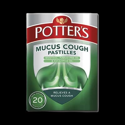 Potter’s Mucus Cough Pastilles packaging which is available to order online from NowPatient with next day delivery