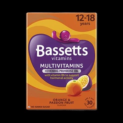 Bassetts Vitamins 12-18 Years Multivitamins + Evening Primrose Oil Orange & Passion Fruit packaging which is available to order online from NowPatient with next day delivery