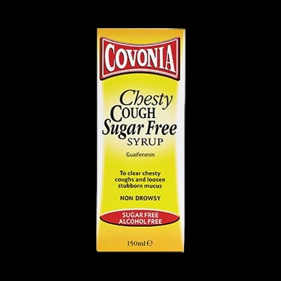 Covonia Chesty Cough Sugar Free Syrup packaging which is available to order online from NowPatient with next day delivery
