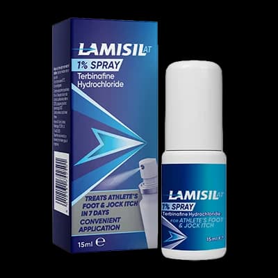 Lamisil AT 1% Spray packaging which is available to order online from NowPatient with next day delivery