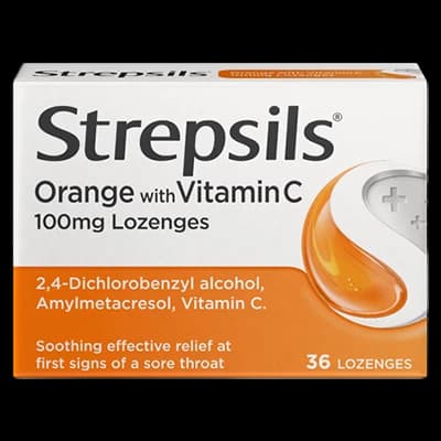 Strepsils Orange with Vitamin C 100mg Lozenges packaging which is available to order online from NowPatient with next day delivery