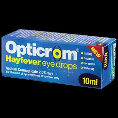Opticrom Hayfever Eye Drops packaging which is available to order online from NowPatient with next day delivery