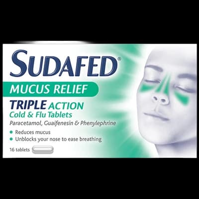 Sudafed Mucus Relief Triple Action Cold & Flu Tablets packaging which is available to order online from NowPatient with next day delivery