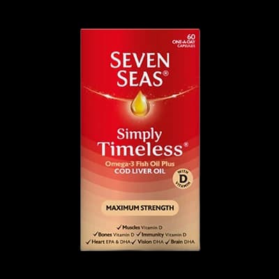 Seven Seas Simply Timeless Omega-3 Fish Oil plus Cod Liver Oil Maximum Strength Capsules packaging which is available to order online from NowPatient with next day delivery