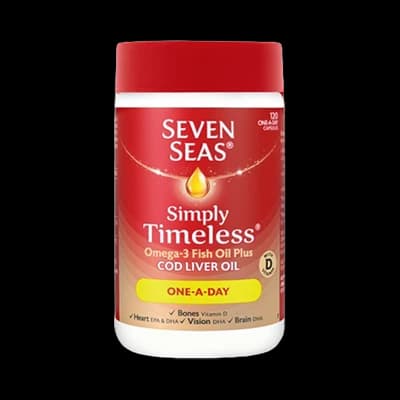 Seven Seas Simply Timeless Omega-3 Fish Oil plus Cod Liver Oil One-A-Day packaging which is available to order online from NowPatient with next day delivery