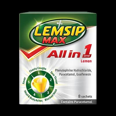 Lemsip Max All in One Lemon packaging which is available to order online from NowPatient with next day delivery