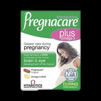 Pregnacare Plus Omega-3 packaging which is available to order online from NowPatient with next day delivery