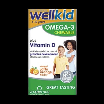 Wellkid Omega-3 Chewable Jaffa Orange packaging which is available to order online from NowPatient with next day delivery
